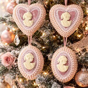 Vintage Pearl Cameo Ornaments Set of 4 Victorian Lace Hearts & Eggs 3–3.5”